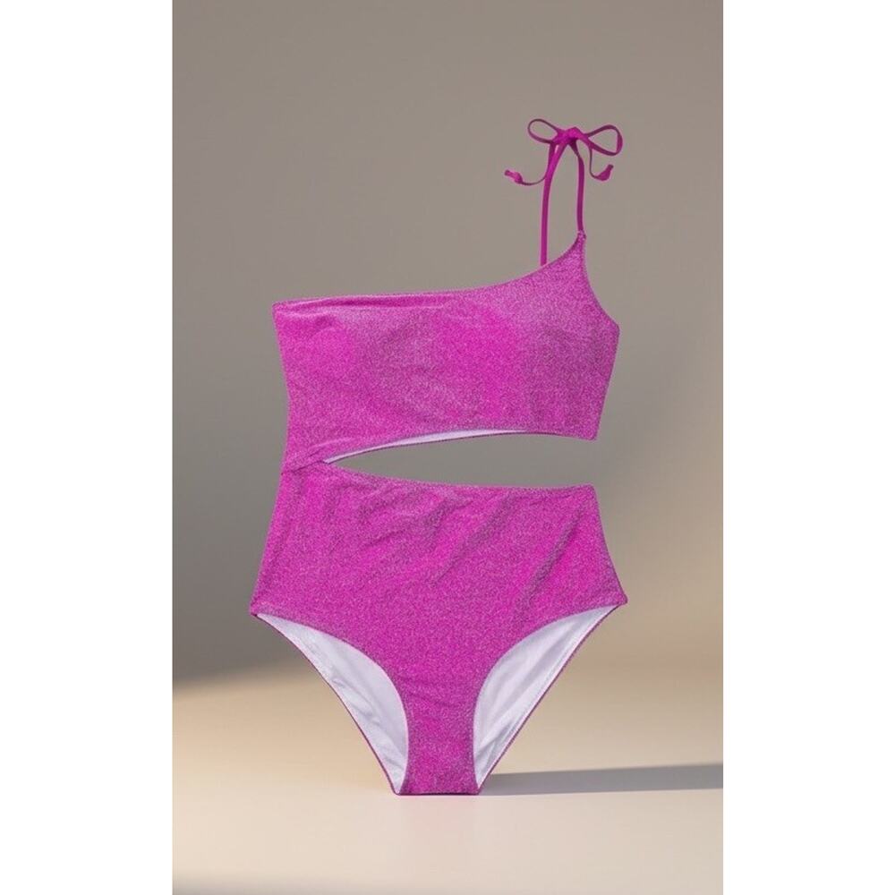 NWT Victoria Secret PINK Swim Shimmer One Shoulder One-Piece Swimsuit Pink XL